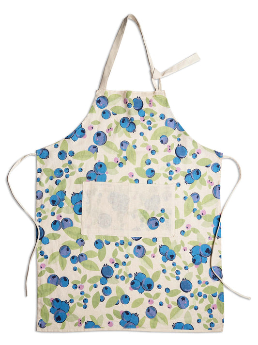 Very Berry scandi-style big bold blueberry aprons in two sizes, adult and child