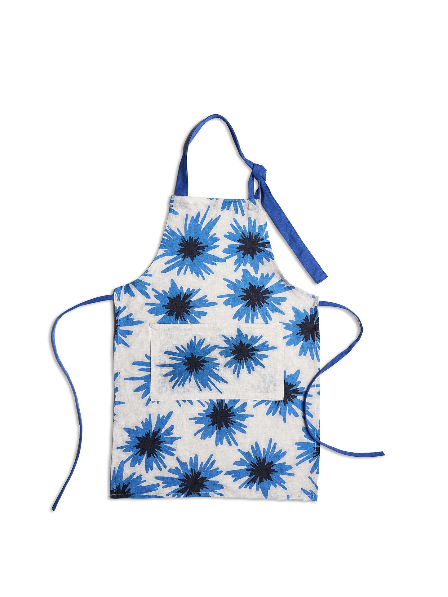 Mighty Blue scandi-style big bold cornflower 100 % linen aprons. Available in two sizes, adult and child.