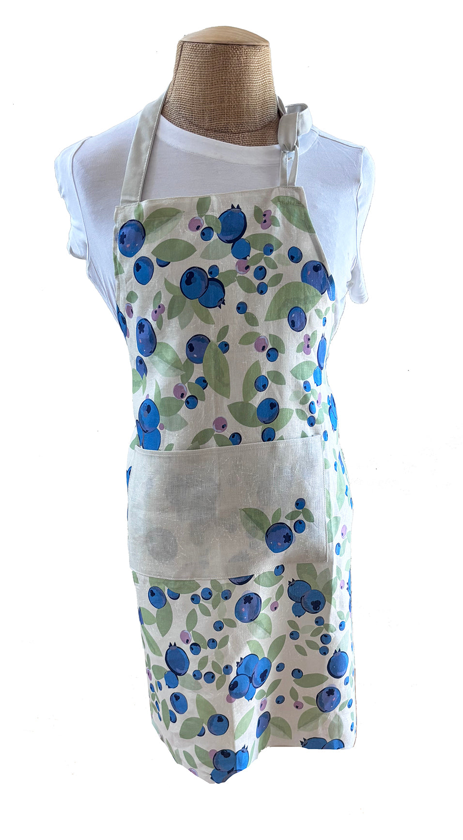 Very Berry scandi-style big bold blueberry aprons in two sizes, adult and child