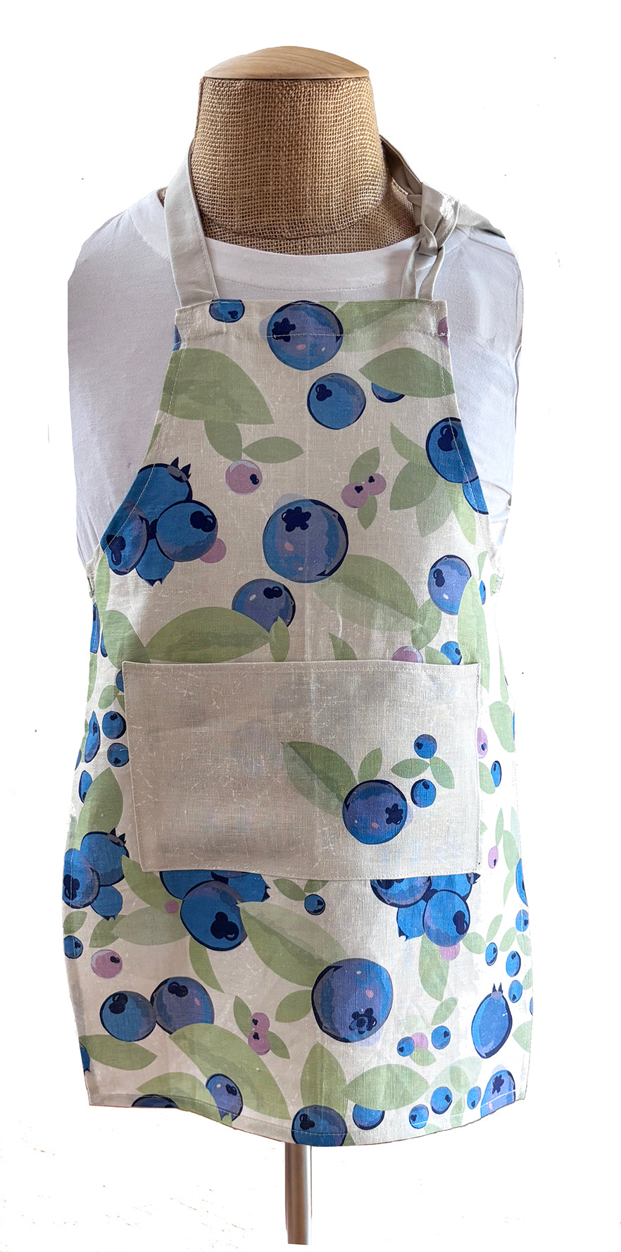 Very Berry scandi-style big bold blueberry aprons in two sizes, adult and child