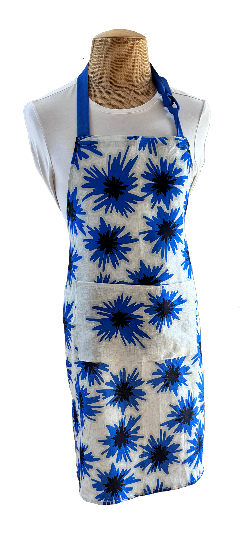 Mighty Blue scandi-style big bold cornflower 100 % linen aprons. Available in two sizes, adult and child.