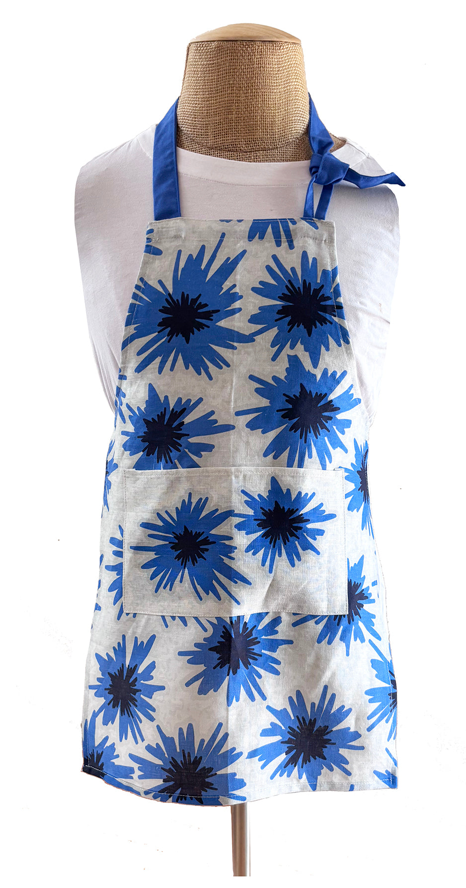 Mighty Blue scandi-style big bold cornflower 100 % linen aprons. Available in two sizes, adult and child.