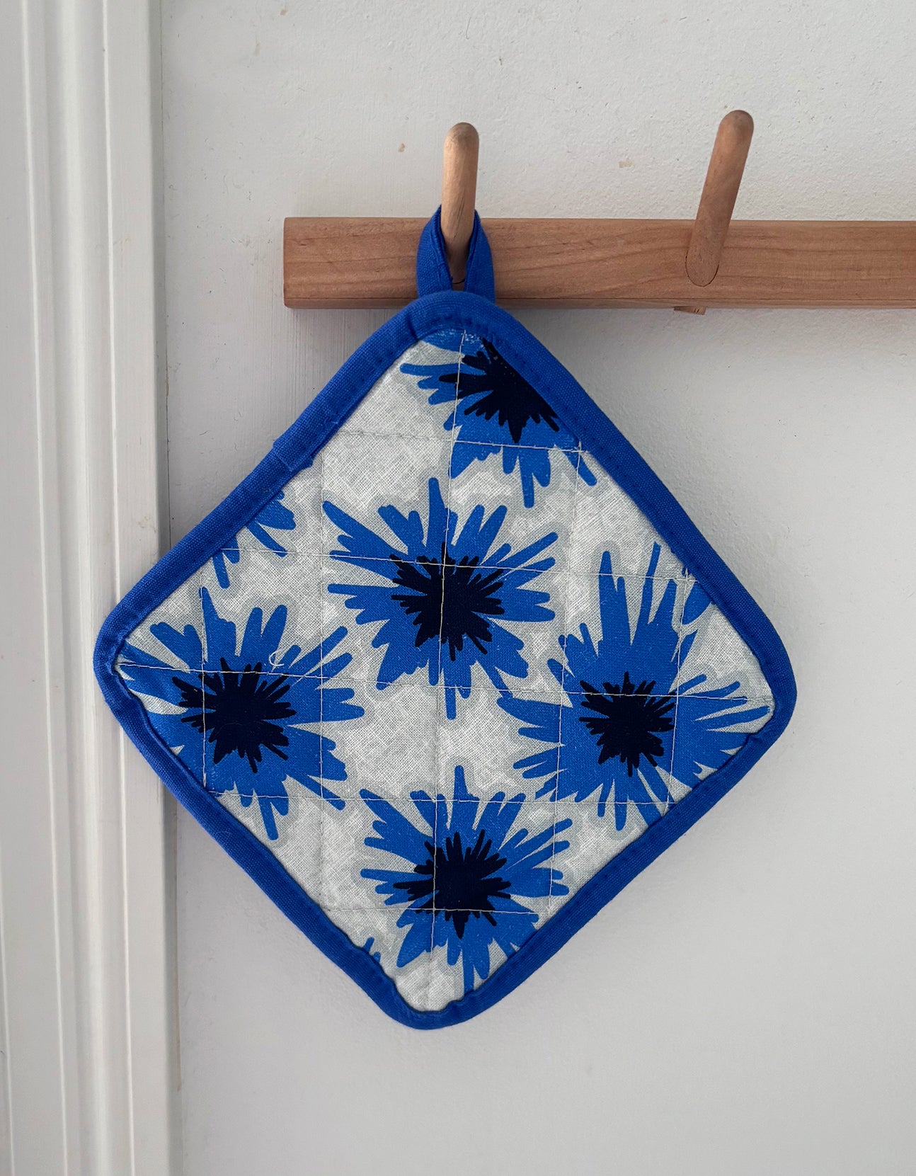 Mighty Blue scandi-style big bold cornflower 100% linen potholder brightens any kitchen.