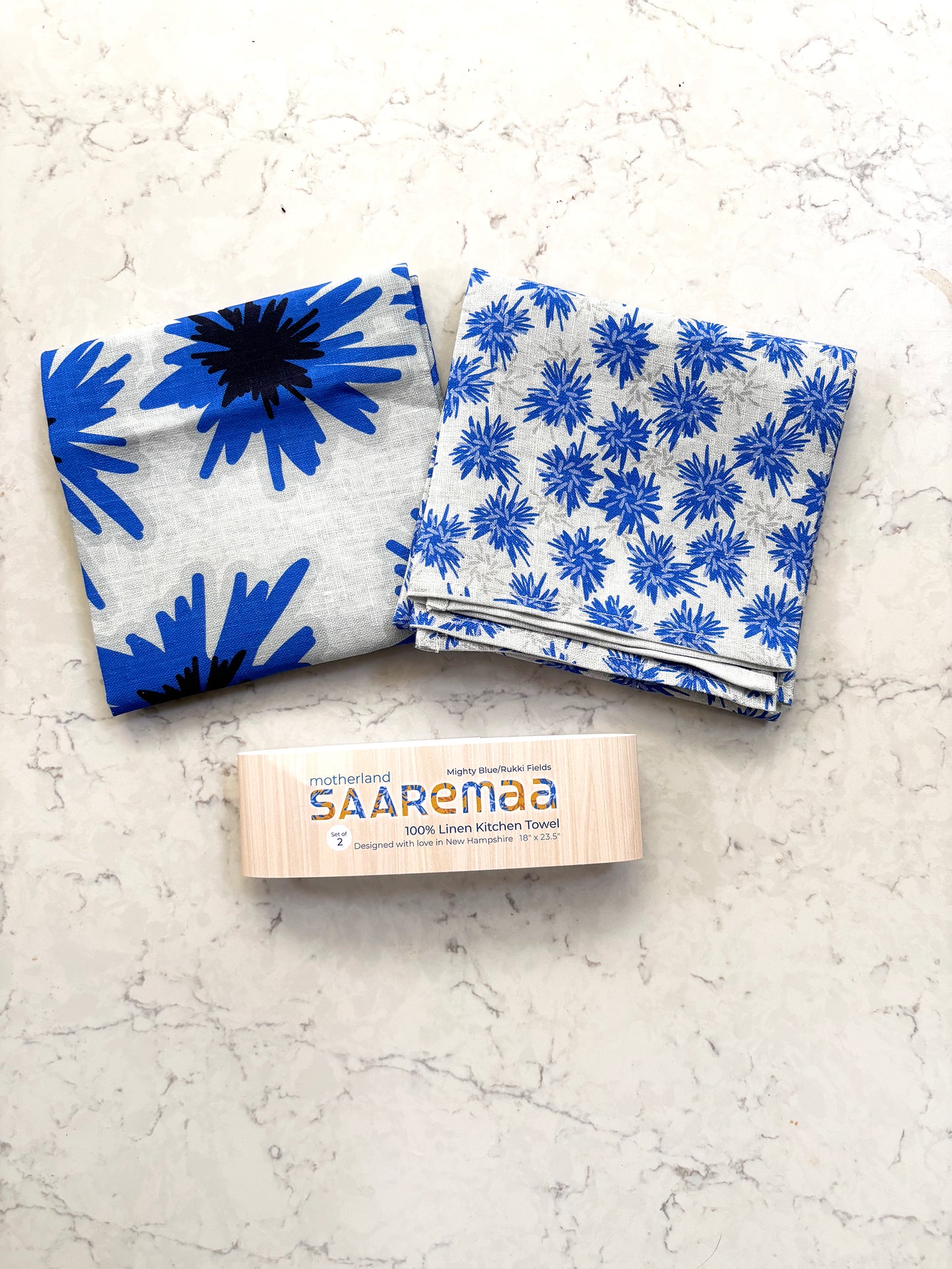 Cornflowers set of two 100% linen tea towels. One of each pattern: Mighty Blue and Rukki Fields