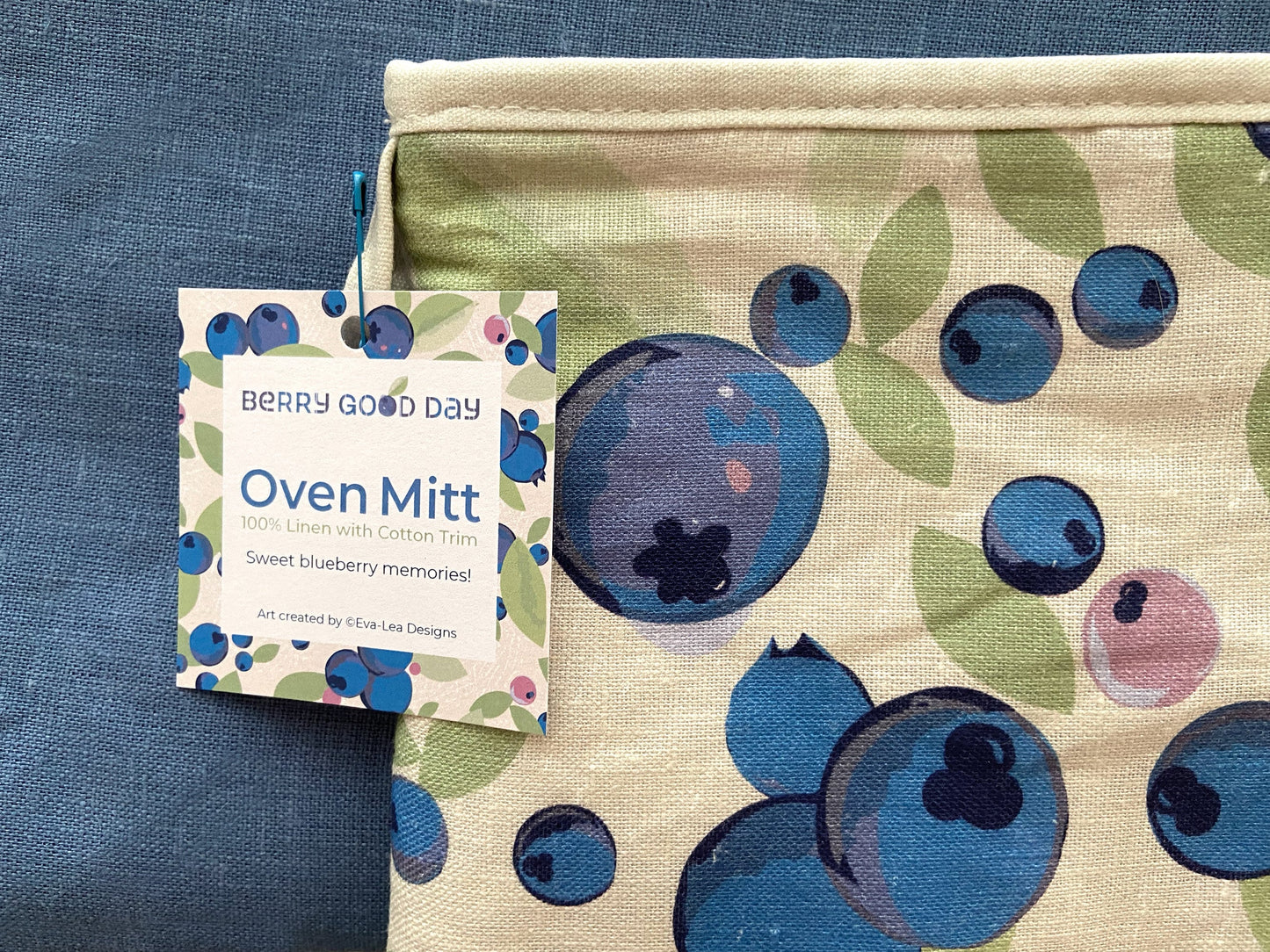 A Scandi-style big bold blueberry linen oven mitt will brighten up any kitchen! Perfect hostess housewarming gift. A unique and useful gift