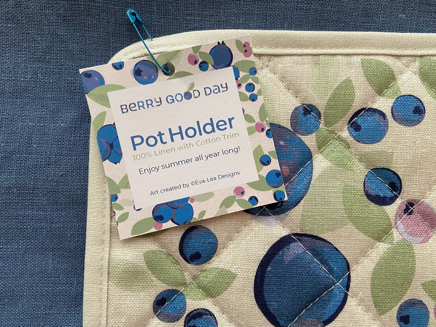 A Scandi-style big bold blueberry linen pot holder will brighten up any kitchen! Perfect hostess housewarming gift. A unique and useful gift