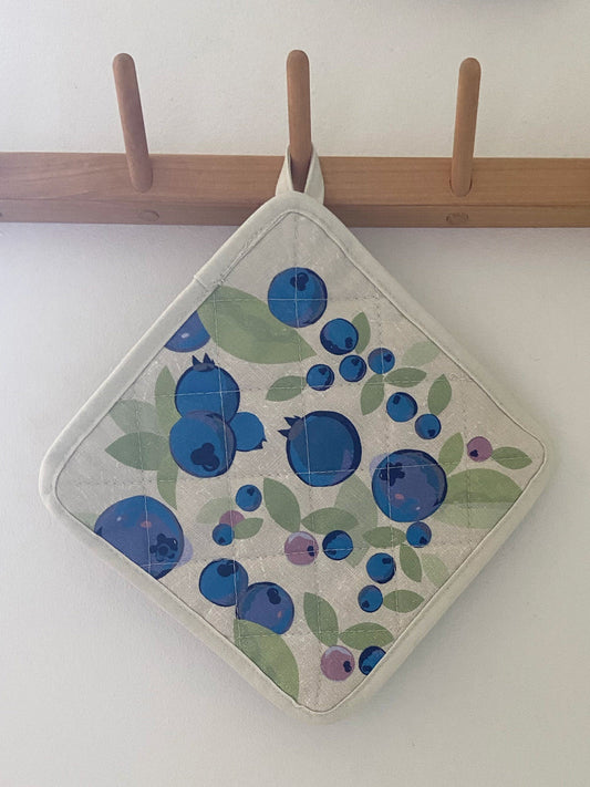 A Scandi-style big bold blueberry linen pot holder will brighten up any kitchen! Perfect hostess housewarming gift. A unique and useful gift